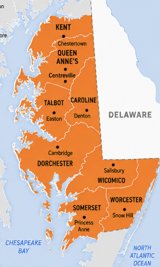 Map of Maryland's Eastern Shore highlighting Love To Build Homes service counties
