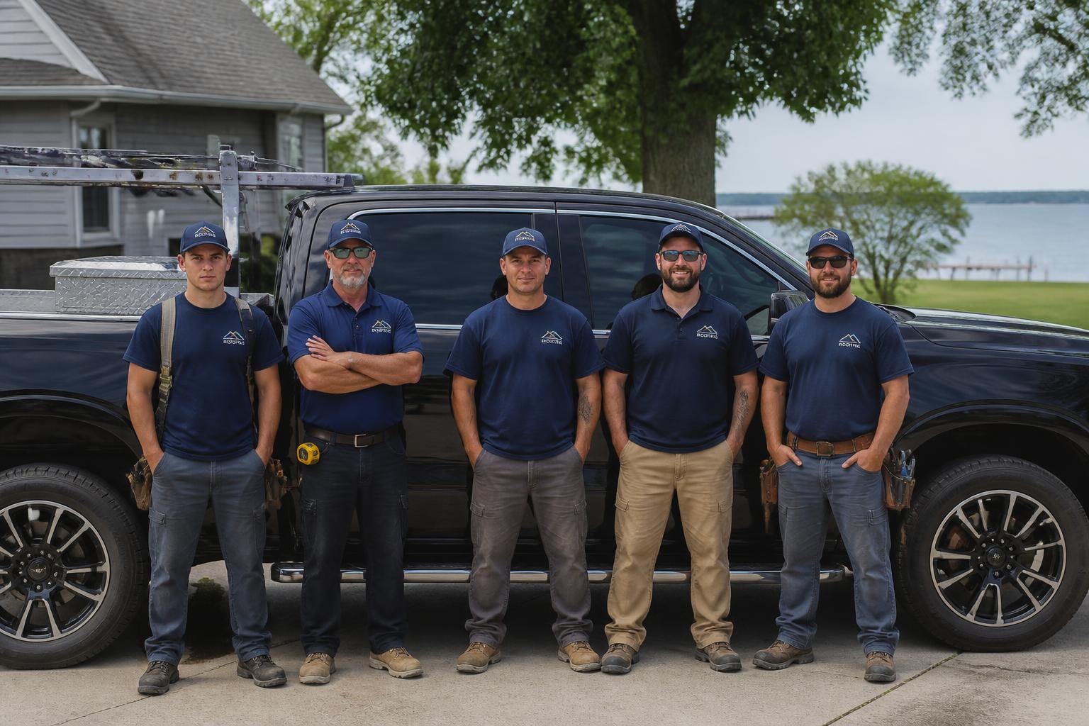 L&L Roofing crew standing beside a black pickup truck