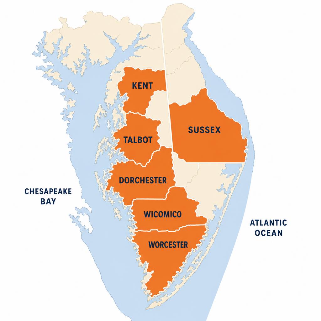 Map of the Delmarva Peninsula highlighting L&L Roofing service counties